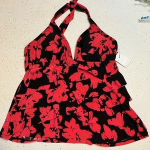 NWT red and black floral ruffle tankini top swimwear, size medium